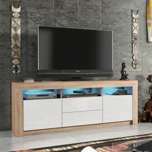 Shine TV Unit 160cm Oak & White with High Gloss Doors and LED Lighting - Creative Furniture