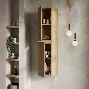 Banyetti Vatilla 1500mm Wall Hung Tall Cabinet with Matt Black Handles - Ostippo Oak