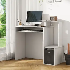 Freestanding Computer Desk with Storage Bin and Keyboard Tray in White