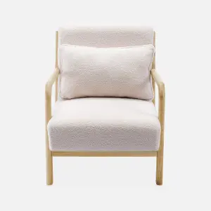 sweeek. Scandi-style boucle wooden armchair with cushion Lorens boucle White 65x80x79 cm