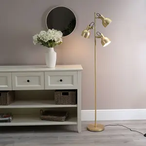 ValueLights Albie Gold Metal 3 Arm Spotlight Head Adjustable Floor Lamp for Living Room - LED Bulbs Included