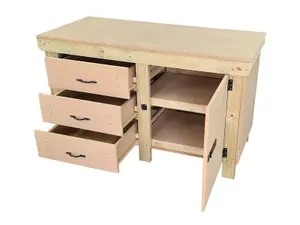 Wooden MDF top workbench, tool cabinet with lockable cupboard (V.3) (H-90cm, D-70cm, L-150cm) double shelf