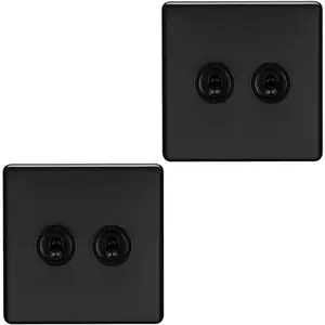 2 PACK 2 Gang Double Retro Toggle Light Switch SCREWLESS MATT BLACK 10A 2 Way