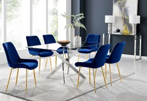 Furniturebox UK Leonardo 6 Dining Table and 6 Navy Pesaro Gold Leg Chairs