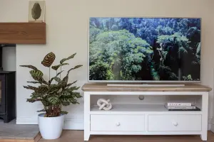 Florence White TV Stand With 2 Drawers and Shelf