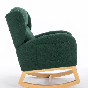 Modern Teddy Fabric Upholstered Rocking Chair Wingback Padded Seat For Living Room Bedroom, Green