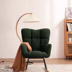 Mid Century Modern Teddy Fabric Tufted Upholstered Rocking Chair Padded Seat For Living Room Bedroom,Dark Green 