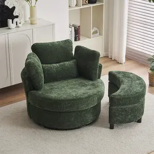 Chenille Swivel Armchair with 3 Back Cushion Pillow Ottoman Crescent Stool, Green