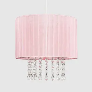 ValueLights Oba Modern Pink Voile Ribbon Wrapped Pendant Shade with Acrylic Droplets