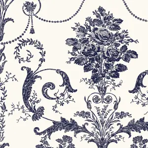 Laura Ashley Josette Midnight & off white Damask Smooth Wallpaper Sample