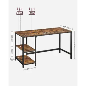 VASAGLE Office Writing Desk, Steel Frame Work Table with 2 Adjustable Shelves, Industrial Style, Rustic Brown and Black