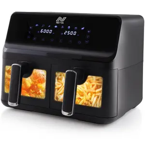 Netta 8l Dual Basket Low Energy Air Fryer With Digital Smart Programmes - 2 Large Drawers, 8 Pre-set Functions, 60 Minute Timer, Xl Family Size Drawer - Black