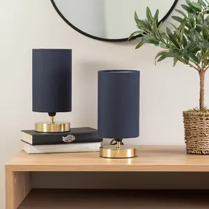 ValueLights Francis Brushed Gold Cylinder Touch Dimmer Table Lamp with Navy Blue Fabric Shade Bedside Light Bedside Light