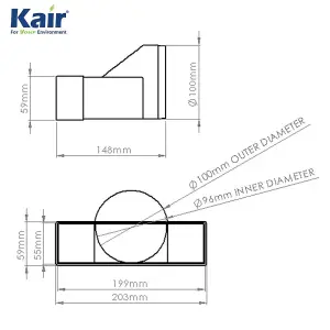 Kair Ducting Adaptor 204mm x 60mm to 100mm - 4 inch Rectangular to Round Straight Channel Connector