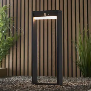 Luminosa Dannah Modern Solar Powered LED Box Shaped Bollard Lamp Textured Black, PIR Motion & Day Night Sensors, Warm White, IP44