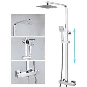 Square Thermostatic Mixer Shower Set - Dual Control Twin Head Ultra Thin Chrome