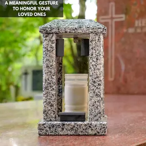 Large Square Granite Memorial Grave Lantern (32cm) - Grey Graveside Memorial Gift - Funeral Cemetery Decoration - Grave Ornaments