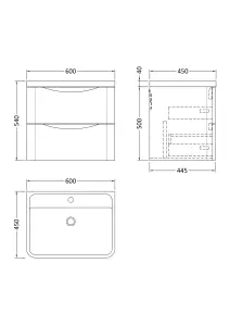 Wall Hung 2 Drawer Vanity Basin Unit with Polymarble Basin, 600mm - Satin White