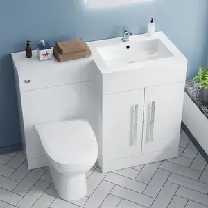 Nes Home Aric Right Hand  1100mm Vanity Basin Unit, Cistern, WC Unit & Welbourne Back To Wall Toilet White