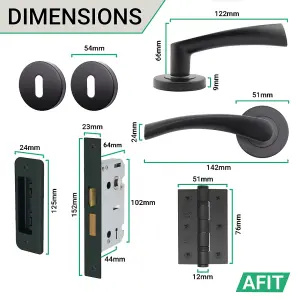 AFIT Matt Black Key Lock Door Handle Set Round Sash Lock, Hinges (76mm) & 2 Escutcheons Novi Range