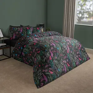 Botanical Floral Duvet Cover Bedding Set Reversible Quilt, Black - Single