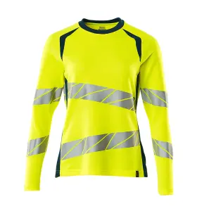 Mascot Accelerate Safe Ladies Fit Long-Sleeved T-shirt (Hi-Vis Yellow/Dark Petroleum)  (X Large)