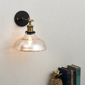 ValueLights Wallace Industrial Black and Gold Wall Light Fitting with Tinted Glass Wide Light Shade