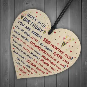 Red Ocean 15th Birthday Gift For Daughter Son 15th Birthday Facts Wooden Heart Keepsake Gift