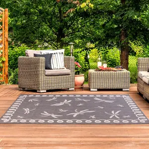 Grey Outdoor Rug, Animal Bordered Stain-Resistant Rug For Patio Decks Garden Balcony, Modern Outdoor Area Rug-120cm (Circle)