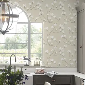 Laura Ashley Magnolia grove Neutral Floral Smooth Wallpaper Sample