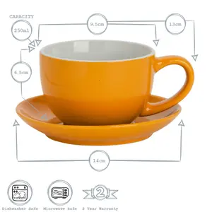 Argon Tableware - Coloured Cappuccino Cup & Saucer Set - 250ml - Yellow