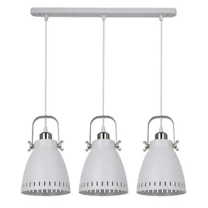 Luminosa Industrial And Retro Hanging Pendant White, Satin Nickel 3 Light  with White Shade, E27