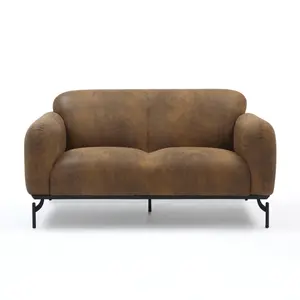 2 Seater Loveseat Small Sofa in Faux Leather Suede Brown Fabric