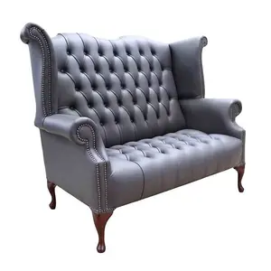 Chesterfield 2 Seater High Back Wing Chair Sofa Burnt Oak Leather In Queen Anne Style