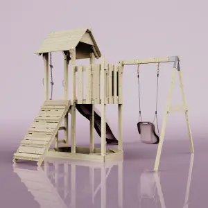 PolarPlay Balcony Tower Kids Wooden Climbing Frame with Swing and Slide - Swing Calder Rose