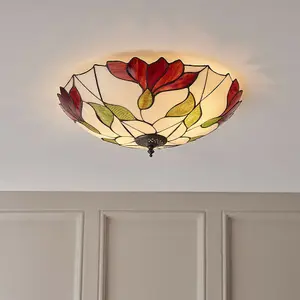 Tiffany Glass Semi Flush Ceiling Light Red Flower Round Inverted Shade i00035