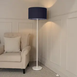 ValueLights Charles White Single Stem Floor Lamp with Navy Blue Drum Lamp Shade and LED Bulb