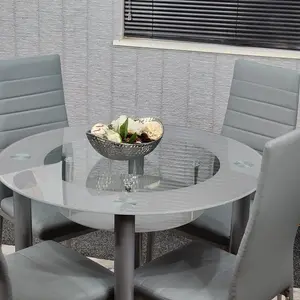 Round Glass Grey Kitchen Dining Table With Storage Shelf And 4 Grey Metal Chairs Set