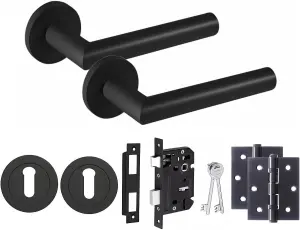 Mitred Design Door Handle Matt Black Finish Key Lock Door Handle Set  64mm Lock,Ball Bearing Hinges on Round Ros