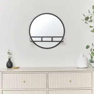 Melody Maison Round Matte Black Mirror With Shelf - 50cm x 50cm