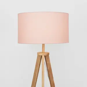 Ismay 149 cm Morrigan Wood Tripod Floor Lamp with Shelf & XL Reni Shade Light Brown / Pink / No