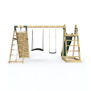 Rebo Wooden Pyramid Climbing Frame with Swings and 8.7ft Water Slide - Horseshoe