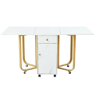 Folding Dining Table with Cupboard and 2 Drawers,  Space-saving Dining Table with 4 Supporting Legs on Gliders, White/Gold