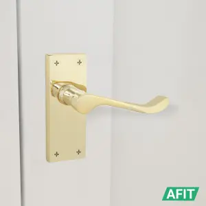 AFIT Polished Brass Victorian Scroll Door Handles - 6 Pairs of Brass Internal Lever Latch Handles on Backplate