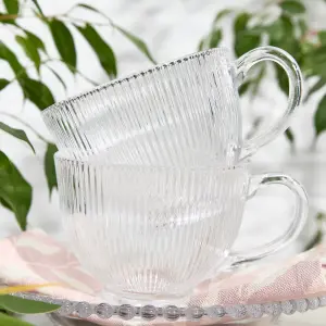 Set of 6 Embossed Footed Glass Coffee Mug Clear Tea Cups