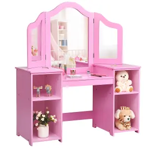 Costway 2 In 1 Kids Vanity Table Children Dressing Table Set w/ Mirror & Storage Shelves