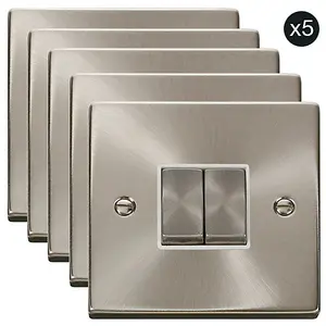 5 PACK - Satin / Brushed Chrome 10A 2 Gang 2 Way Ingot Light Switch - White Trim - SE Home