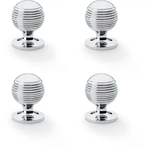 4 PACK - Reeded Ball Door Knob - 32mm Diameter Polished Chrome Lined Cupboard Pull Handle