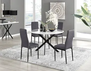 Furniturebox UK Novara White Gloss Black Leg 120cm Round Dining Table & 4 Grey Velvet Milan Black Leg Chairs