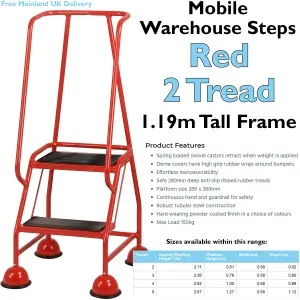 2 Tread Mobile Warehouse Steps RED 1.19m Portable Safety Ladder & Wheels